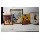 Lot of 4 Framed Paintings by D. Moses including a still life with fruit and a bottle, a vibrant peacock with a white goose, and two paintings of flying birds