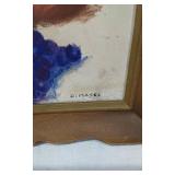 Lot of 4 Framed Paintings by D. Moses including a still life with fruit and a bottle, a vibrant peacock with a white goose, and two paintings of flying birds