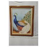 Lot of 4 Framed Paintings by D. Moses including a still life with fruit and a bottle, a vibrant peacock with a white goose, and two paintings of flying birds