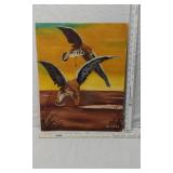 Lot of 4 Framed Paintings by D. Moses including a still life with fruit and a bottle, a vibrant peacock with a white goose, and two paintings of flying birds