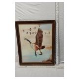Lot of 4 Framed Paintings by D. Moses including a still life with fruit and a bottle, a vibrant peacock with a white goose, and two paintings of flying birds