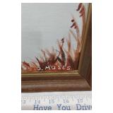 Lot of 4 Framed Paintings by D. Moses including a still life with fruit and a bottle, a vibrant peacock with a white goose, and two paintings of flying birds