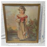 Vintage Framed Print of Girl Holding Cat