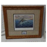 Framed "Gulls Over Striper" Print by Killen with Stamp 1983 Stiped Bass Stamp, numbered 69/750