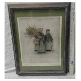 Paul Geissler Etching Signed - Blumenfrauen Two Women Framed Artwork by Paul Geissler of 2 Women and a Basket of Flowers - approx. 14 1/2  x 18 1/2