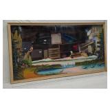 Framed Landscape Painting on a Mirror with Deer and Waterfall approx. 42 x 24