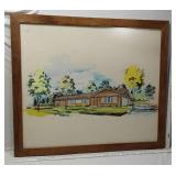 Framed Architectural Watercolor Rendering approx. 34 1/2 x 33 1/2