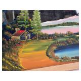 Framed Landscape Painting on a Mirror with Deer and Waterfall approx. 42 x 24