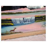 Framed Landscape Painting on a Mirror with Deer and Waterfall approx. 42 x 24