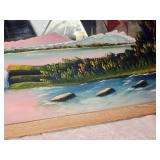 Framed Landscape Painting on a Mirror with Deer and Waterfall approx. 42 x 24