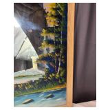 Framed Landscape Painting on a Mirror with Deer and Waterfall approx. 42 x 24