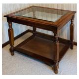 B3 - Vintage Wood and Glass Accent Table with Woven Shelf
