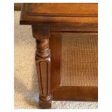 B3 - Vintage Wood and Glass Accent Table with Woven Shelf