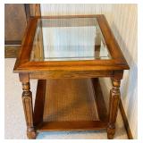 B3 - Vintage Wood and Glass Accent Table with Woven Shelf