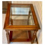 B3 - Vintage Wood and Glass Accent Table with Woven Shelf