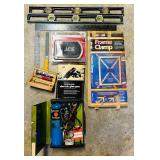 S - Workshop Tool Lot: Levels, Frame Clamp, Propane Torch, Glue Gun, Knives & More