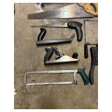 S - Collection of Hand Tools Including Saws, Planes, Mallet, Clamps, and Metal Toolbox