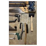 S - Collection of Hand Tools Including Saws, Planes, Mallet, Clamps, and Metal Toolbox