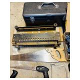 S - Collection of Hand Tools Including Saws, Planes, Mallet, Clamps, and Metal Toolbox