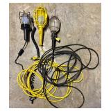S - Lot of 3 Portable Work Lights with Protective Cages and Extension Cords