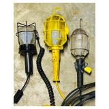 S - Lot of 3 Portable Work Lights with Protective Cages and Extension Cords