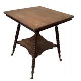 LL - Antique Wooden Side Table with Turned Legs and Lower Shelf