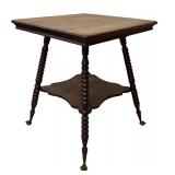 LL - Antique Wooden Side Table with Turned Legs and Lower Shelf