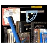S - Lot of Assorted Hand Tools Including Clamps, Hammer, Caulking Gun, and Measuring Tools