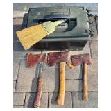 G - Vintage Boy Scout Hatchets with Sheaths, Ammo Box, and Whisk Broom