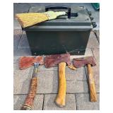G - Vintage Boy Scout Hatchets with Sheaths, Ammo Box, and Whisk Broom