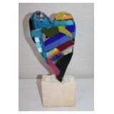 Colorful Fused Glass Heart Sculpture on Stone Base