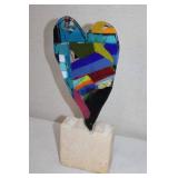 Colorful Fused Glass Heart Sculpture on Stone Base