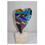 Colorful Fused Glass Heart Sculpture on Stone Base