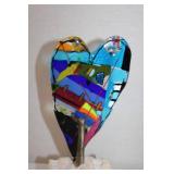 Colorful Fused Glass Heart Sculpture on Stone Base