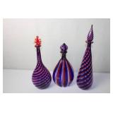 Set of 3 Murano Style Art Glass Decanters with Stoppers