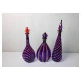 Set of 3 Murano Style Art Glass Decanters with Stoppers