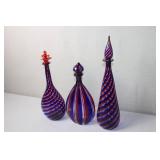 Set of 3 Murano Style Art Glass Decanters with Stoppers