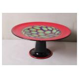 Colorful Art Glass Pedestal Bowl with Red Rim and Op Art Pattern