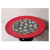 Colorful Art Glass Pedestal Bowl with Red Rim and Op Art Pattern