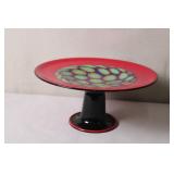 Colorful Art Glass Pedestal Bowl with Red Rim and Op Art Pattern