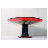 Colorful Art Glass Pedestal Bowl with Red Rim and Op Art Pattern