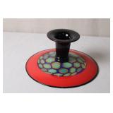 Colorful Art Glass Pedestal Bowl with Red Rim and Op Art Pattern