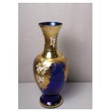 Hand-Painted Blue and Gold Glass Vase with Floral Design