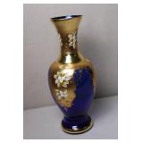 Hand-Painted Blue and Gold Glass Vase with Floral Design