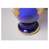 Hand-Painted Blue and Gold Glass Vase with Floral Design