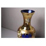 Hand-Painted Blue and Gold Glass Vase with Floral Design