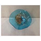 Art Glass Decorative Bowl with Blue, Amber, and Clear Accents
