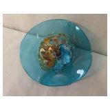 Art Glass Decorative Bowl with Blue, Amber, and Clear Accents