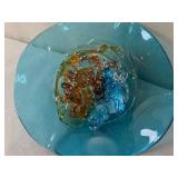 Art Glass Decorative Bowl with Blue, Amber, and Clear Accents
