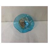 Art Glass Decorative Bowl with Blue, Amber, and Clear Accents